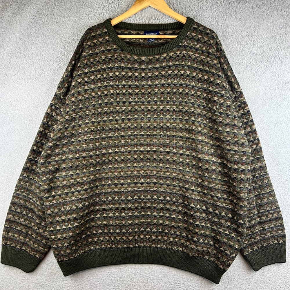 Harbor Bay Mens 4X Big Green Geometric Knit Crew Neck Sweater Long Sleeve